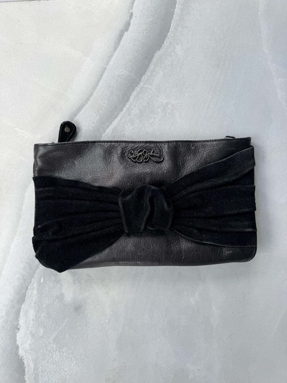 Vintage Betsey Johnson Black Leather and Suede Bow Clutch